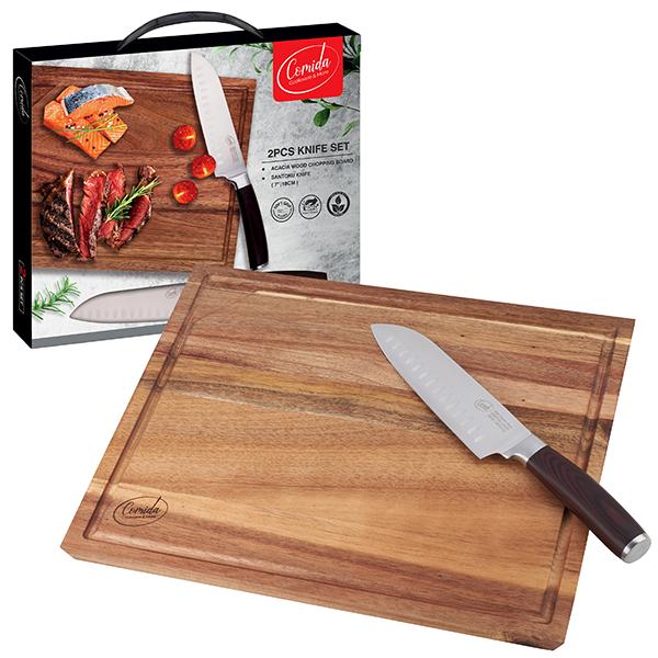 סט סכין סנטוקו (Santoku) + קרש חיתוך מעץ שיטה (ACACIA)