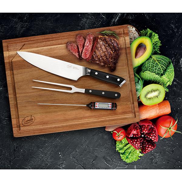 סט סכין סנטוקו (Santoku) + קרש חיתוך + מזלג נעיצה + מדחום לבשר