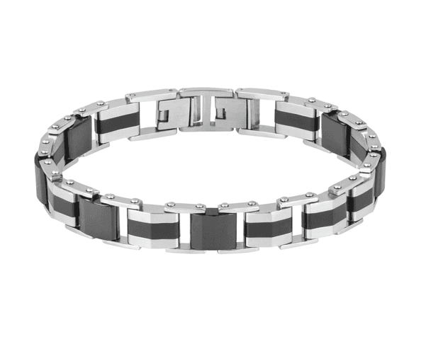 צמיד לגברי יוקרתי – Stainless Steel עם חוליות כסף-שחור קרמי בעיצוב מודרני