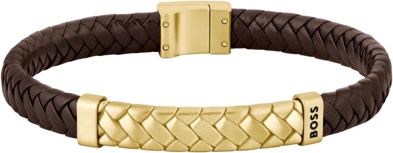 צמיד לגבר HUGO BOSS עור חום וזהב, בהשראת חייטות קלאסית