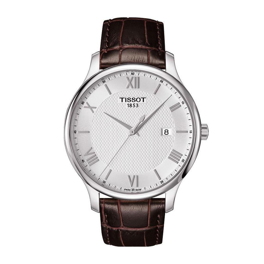 שעון יד טיסו TISSOT Tradition כסוף עם רצועת עור חומה