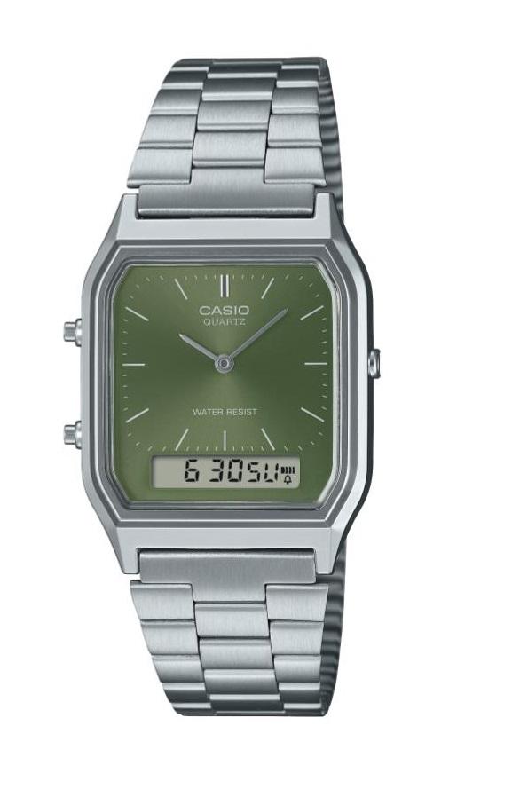 שעון יד CASIO כסוף ירוק רטרו אנלוגי/דיגיטלי AQ-230A-3AMQY