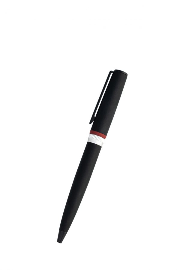 Hugo Boss עט כדורי שחור מט עם טבעות בכסוף ואדום