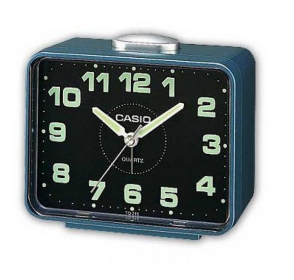 שעון מעורר אנלוגי מלבני כחול עם לוח שחור קסיו TQ-218-2