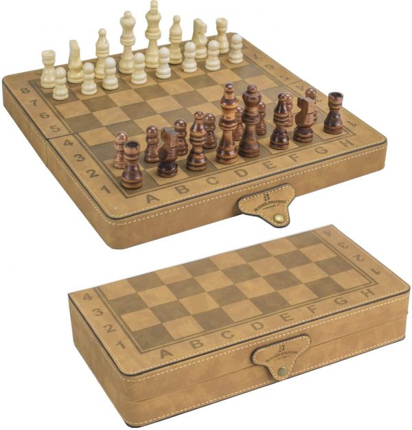 סט שחמט מגנטי ומתקפל במראה עור טבעי (הכלים מעץ)